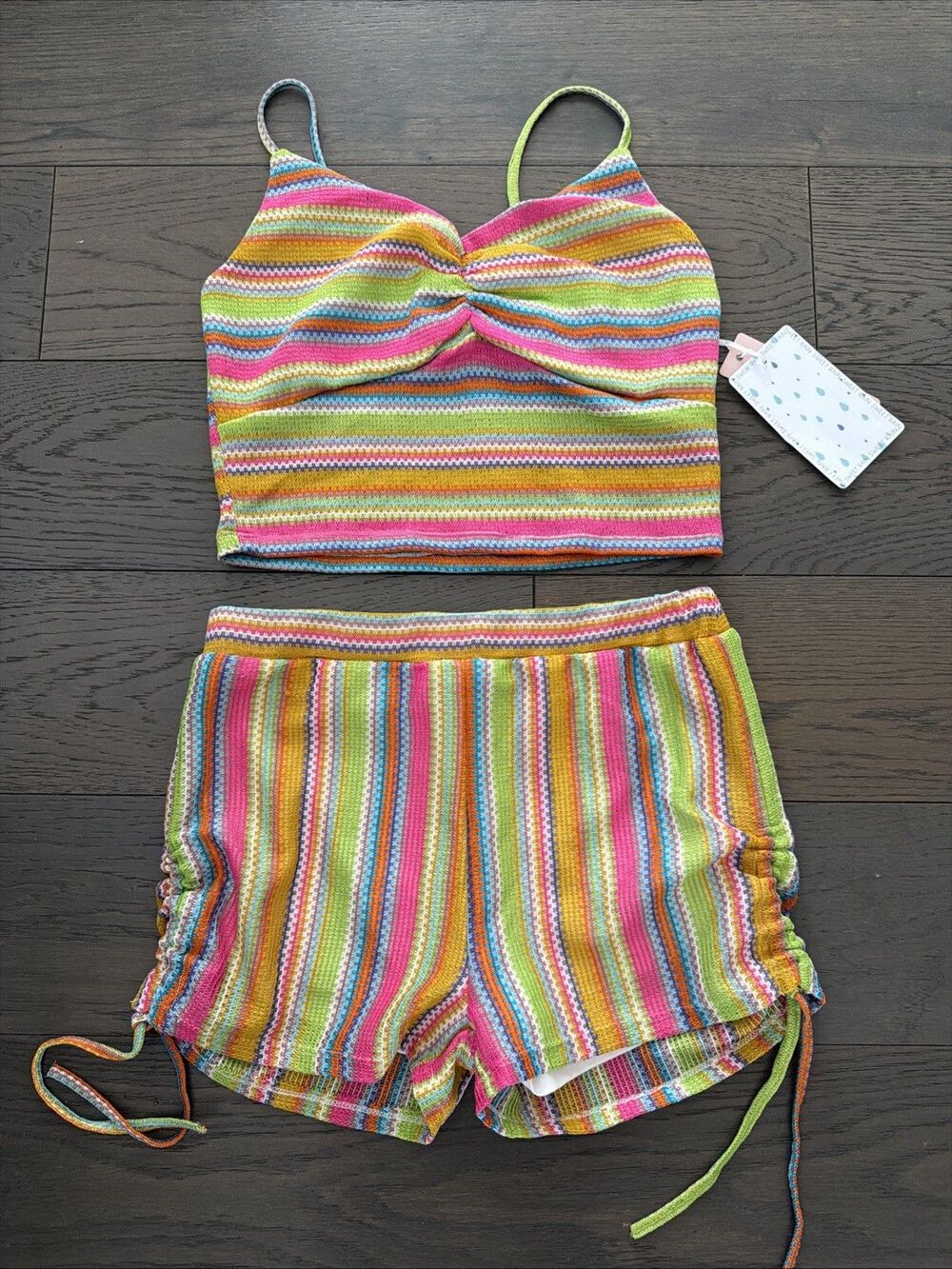 Sweet Rain Crochet Set Crop Halter Top L NWT Striped Boho Hippie Festival Neon